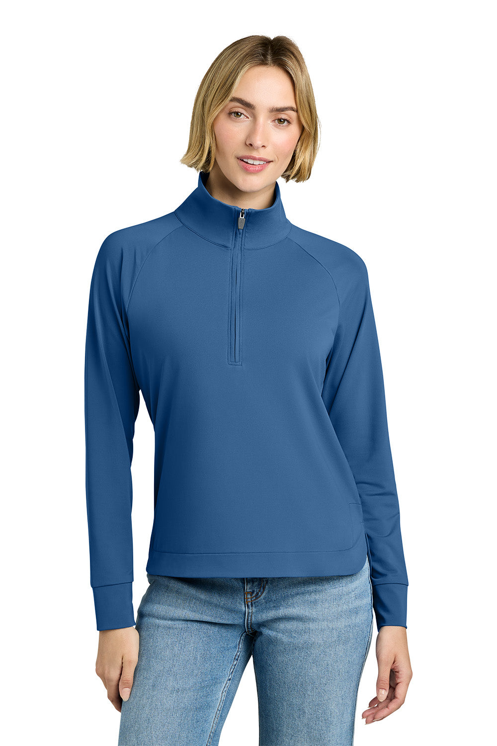 Woman wearing a blue long-sleeve shirt with a quarter zip on a white background, Brooks Brothers® Women's Luxe Performance 1/4-Zip, Embroidered