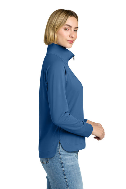 Woman wearing a blue jacket on a white background Brooks Brothers® Women's Luxe Performance 1/4-Zip, Embroidered