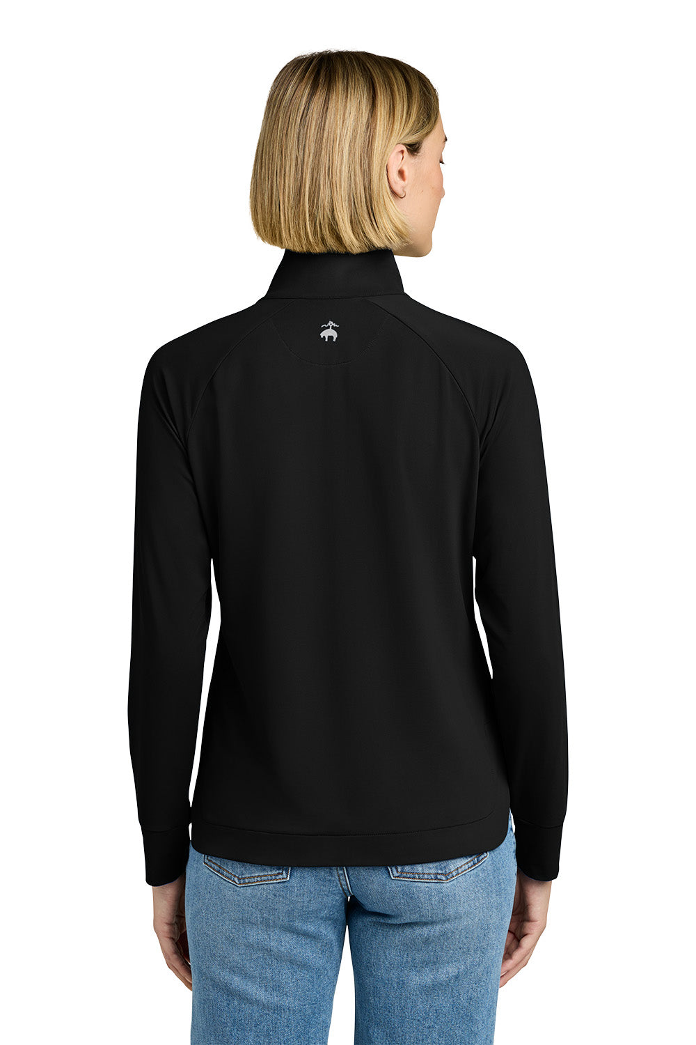 Person wearing a black long-sleeve shirt with a logo on the back, standing against a white background, Brooks Brothers® Women's Luxe Performance 1/4-Zip, Embroidered