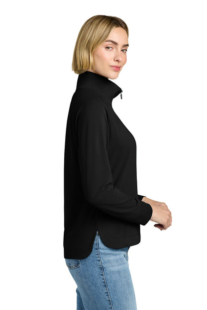 Woman wearing a black jacket and blue jeans on a white background, Brooks Brothers® Women's Luxe Performance 1/4-Zip, Embroidered