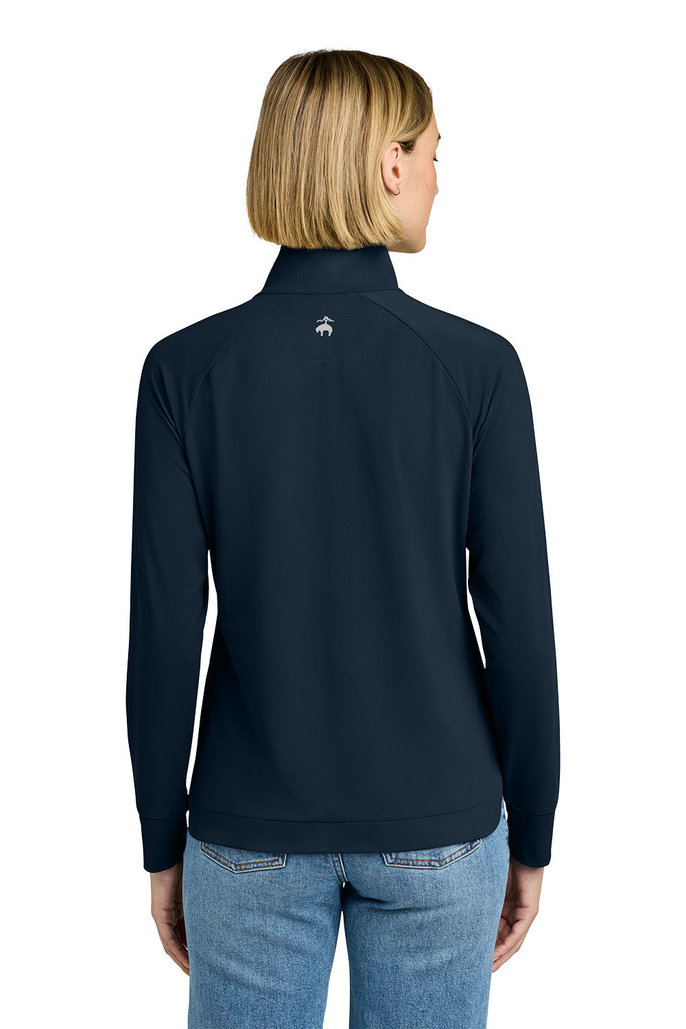 Person wearing a navy blue pullover with a logo on the back, standing against a white background, Brooks Brothers® Women's Luxe Performance 1/4-Zip, Embroidered