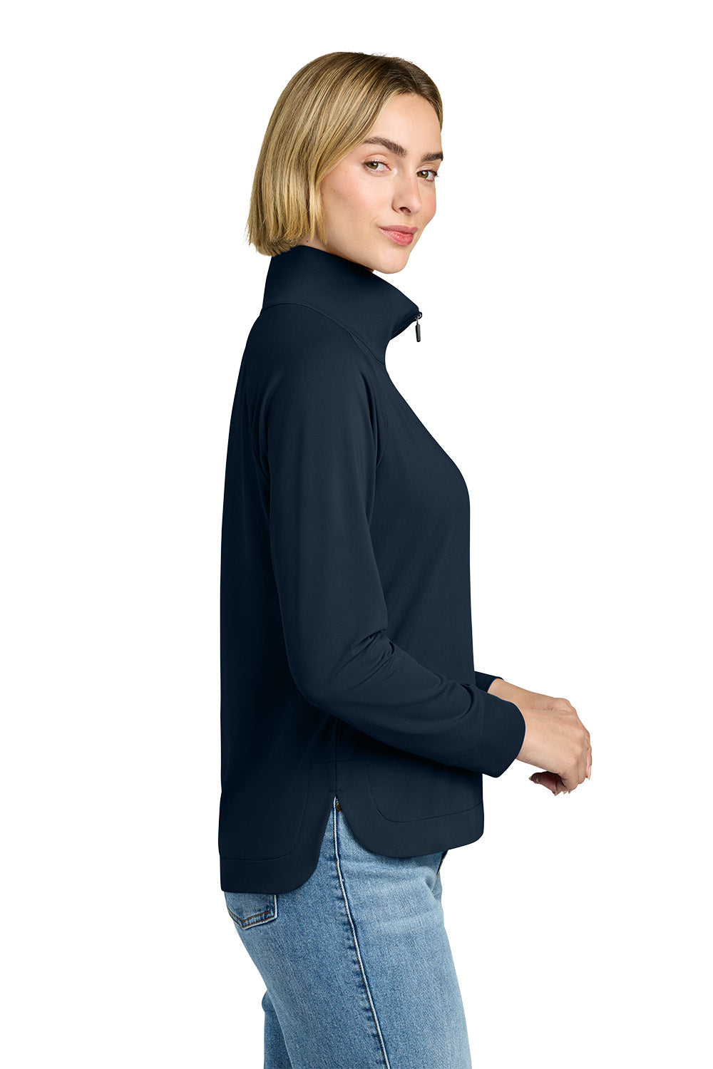 Woman wearing a navy blue jacket and light blue jeans on a white background, Brooks Brothers® Women's Luxe Performance 1/4-Zip, Embroidered