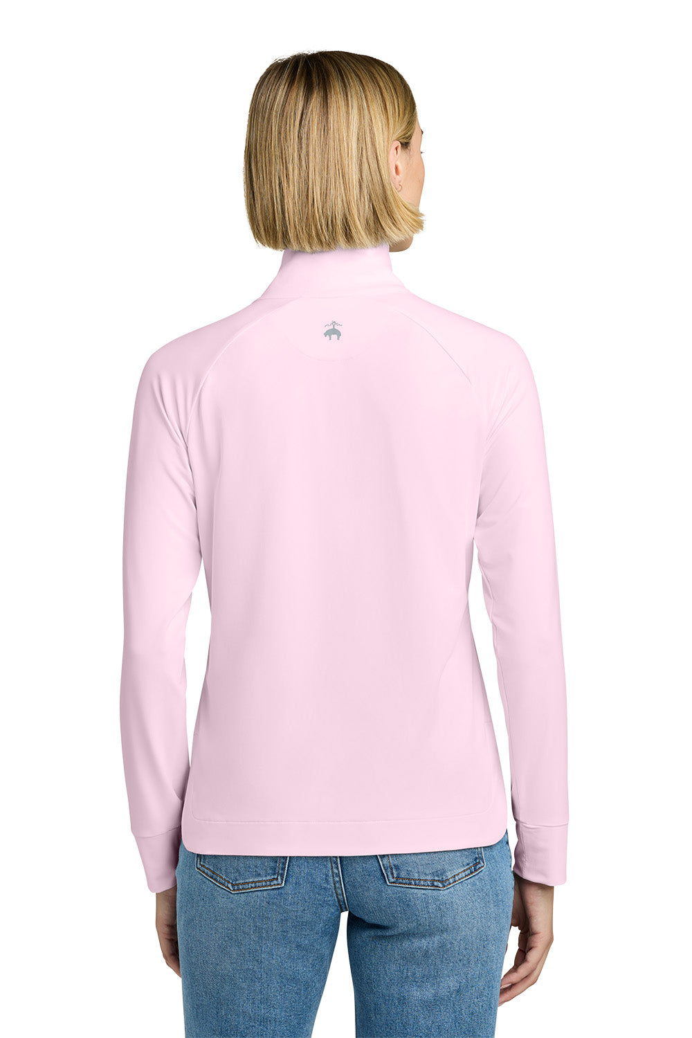 Person wearing a pink long-sleeve shirt with a small logo on the back, standing against a white background. Brooks Brothers® Women's Luxe Performance 1/4-Zip, Embroidered