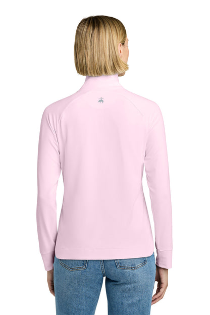 Person wearing a pink long-sleeve shirt with a small logo on the back, standing against a white background. Brooks Brothers® Women's Luxe Performance 1/4-Zip, Embroidered