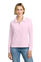 Woman wearing a light pink long-sleeve shirt and blue jeans on a white background, Brooks Brothers® Women's Luxe Performance 1/4-Zip, Embroidered