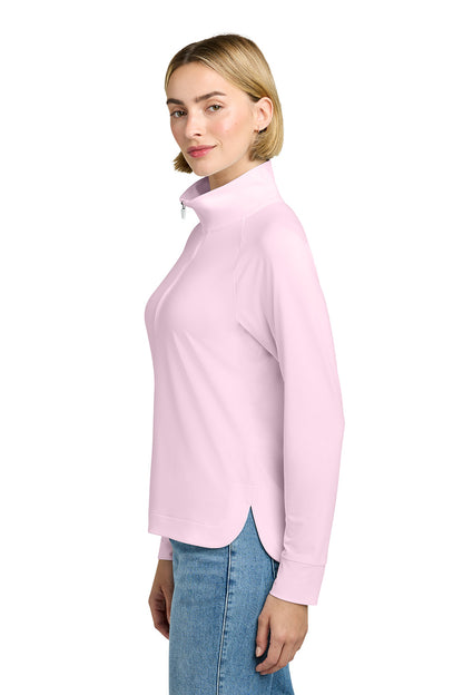 Woman wearing a light pink long-sleeve top and blue jeans on a white background, Brooks Brothers® Women's Luxe Performance 1/4-Zip, Embroidered