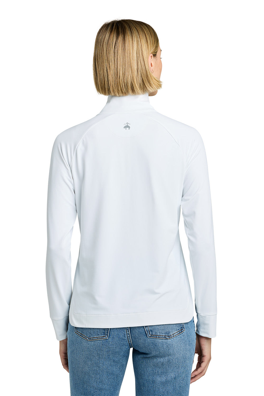 Woman wearing a light blue long-sleeve shirt with a small logo on the back, standing against a white background. Brooks Brothers® Women's Luxe Performance 1/4-Zip, Embroidered