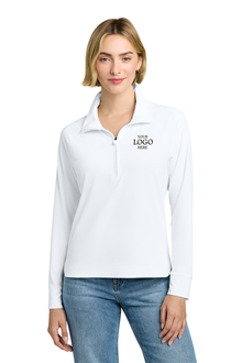 Woman wearing a white polo shirt with customizable logo text on a white background, Brooks Brothers® Women's Luxe Performance 1/4-Zip, Embroidered
