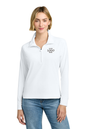 Woman wearing a white polo shirt with customizable logo text on a white background, Brooks Brothers® Women's Luxe Performance 1/4-Zip, Embroidered