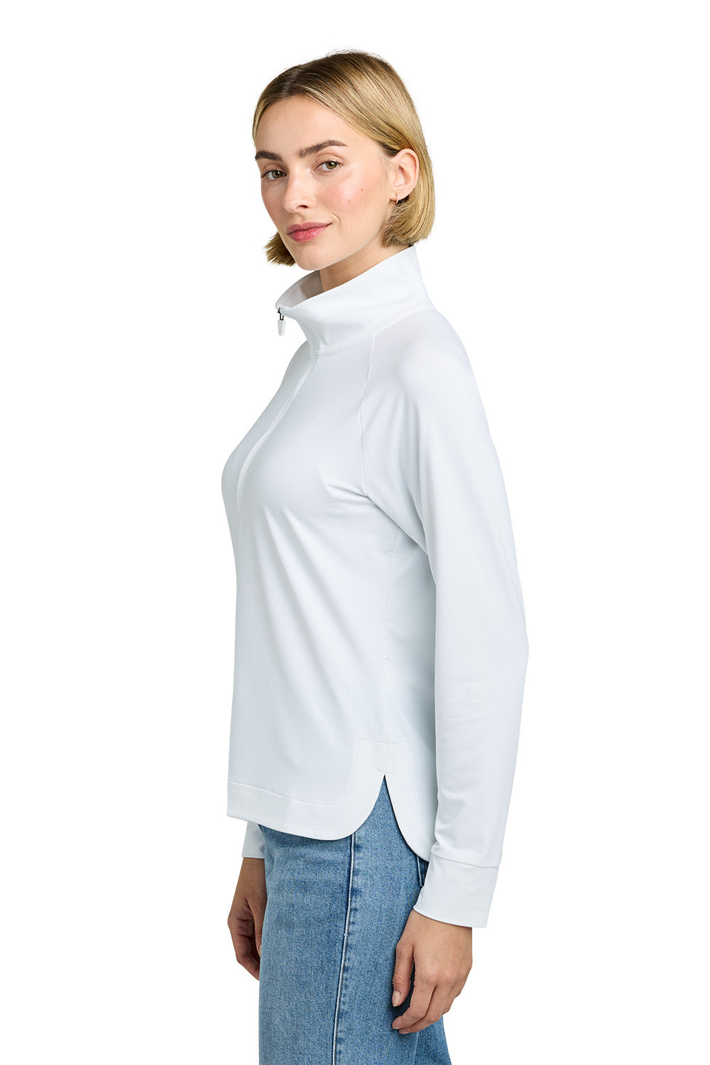 Woman wearing a white long-sleeve shirt and blue jeans on a white background, Brooks Brothers® Women's Luxe Performance 1/4-Zip, Embroidered