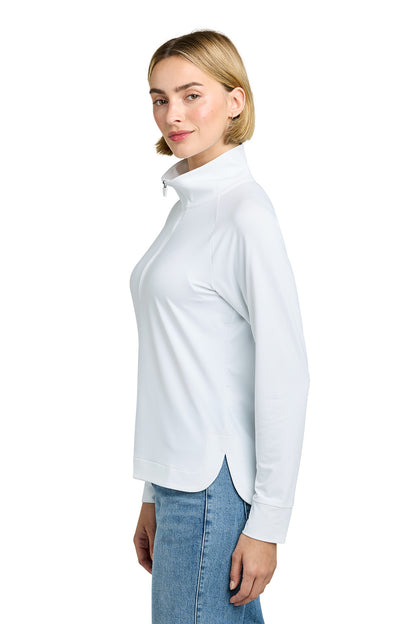 Woman wearing a white long-sleeve shirt and blue jeans on a white background, Brooks Brothers® Women's Luxe Performance 1/4-Zip, Embroidered
