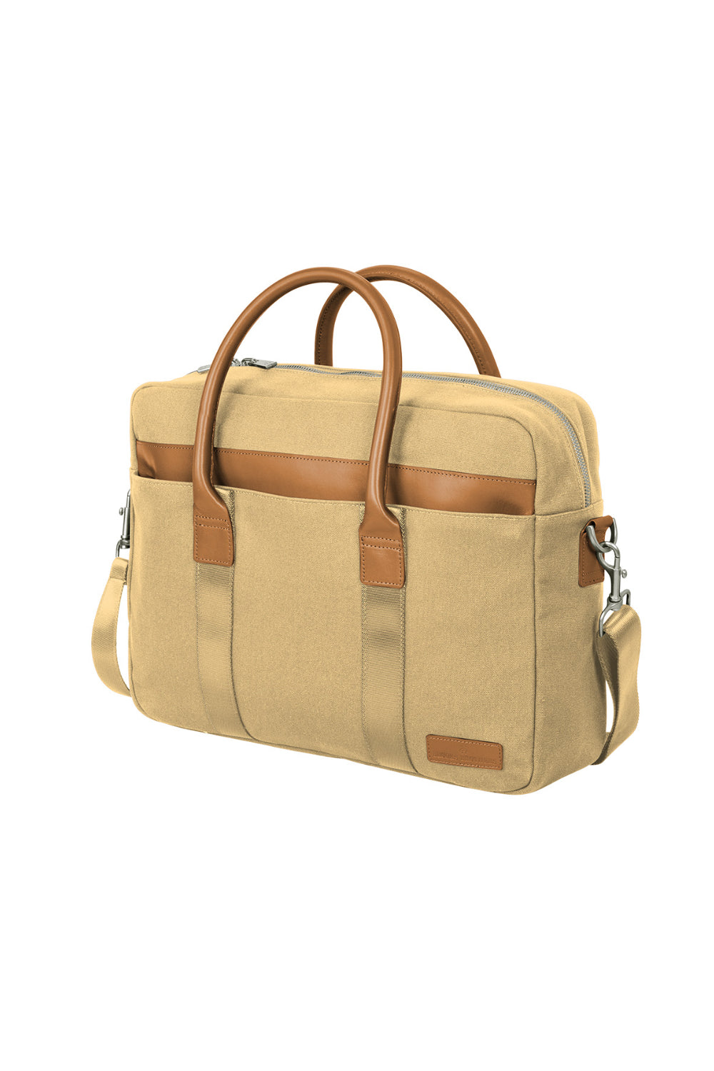 Beige briefcase with brown handles and trim on a white background embroidered Brooks Brothers® Wells Briefcase