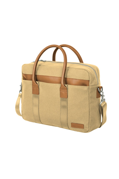 Beige briefcase with brown handles and trim on a white background embroidered Brooks Brothers® Wells Briefcase