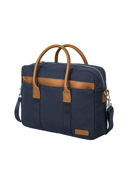 Navy blue bag with brown leather accents on a white background embroidered Brooks Brothers® Wells Briefcase