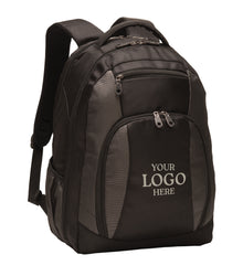 Black and gray backpack with customizable logo area on a white background embroidered Port Authority® Commuter Backpack