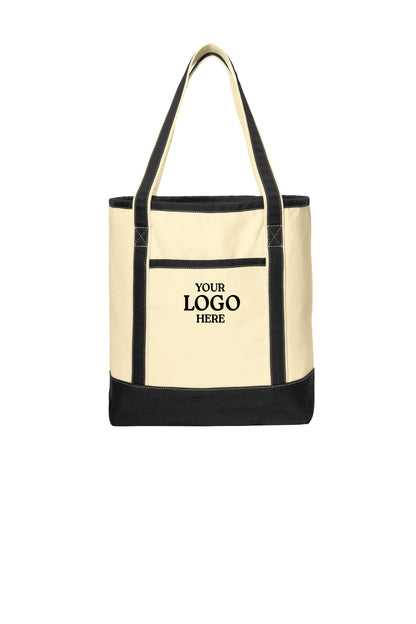 Beige tote bag with black accents on a white background, embroidered Port Authority® Large Cotton Canvas Tote