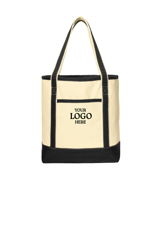 Beige tote bag with black accents on a white background, embroidered Port Authority® Large Cotton Canvas Tote