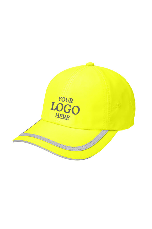 Yellow cap with reflective strip and customizable text area on a white background Port Authority® Enhanced Visibility Cap, Embroidered