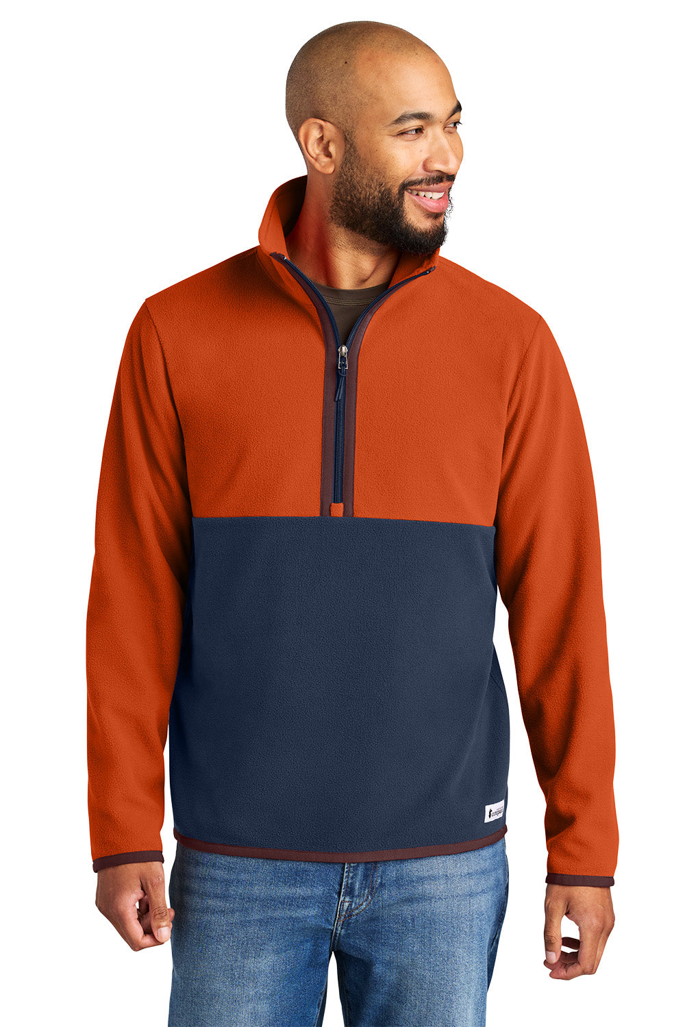 Man wearing a two-tone pullover with orange top and navy bottom on a white background Cotopaxi® Amado 1/2-Zip Fleece, Embroidered