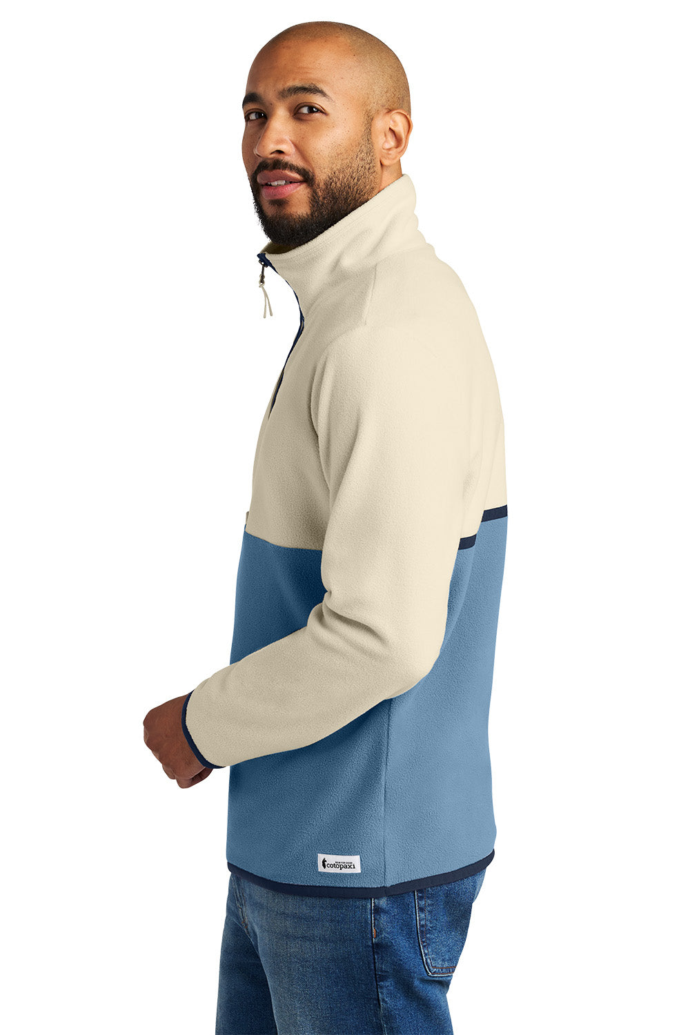 Man wearing a beige and blue jacket on a white background Cotopaxi® Amado 1/2-Zip Fleece, Embroidered