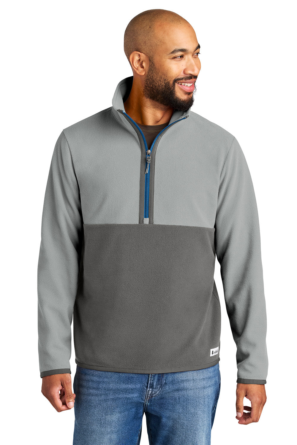 Man wearing a gray and navy half-zip pullover on a white background Cotopaxi® Amado 1/2-Zip Fleece, Embroidered