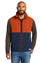 Man wearing a two-tone jacket with orange and navy blue sections on a white background, Embroidered Cotopaxi® Amado Fleece Vest