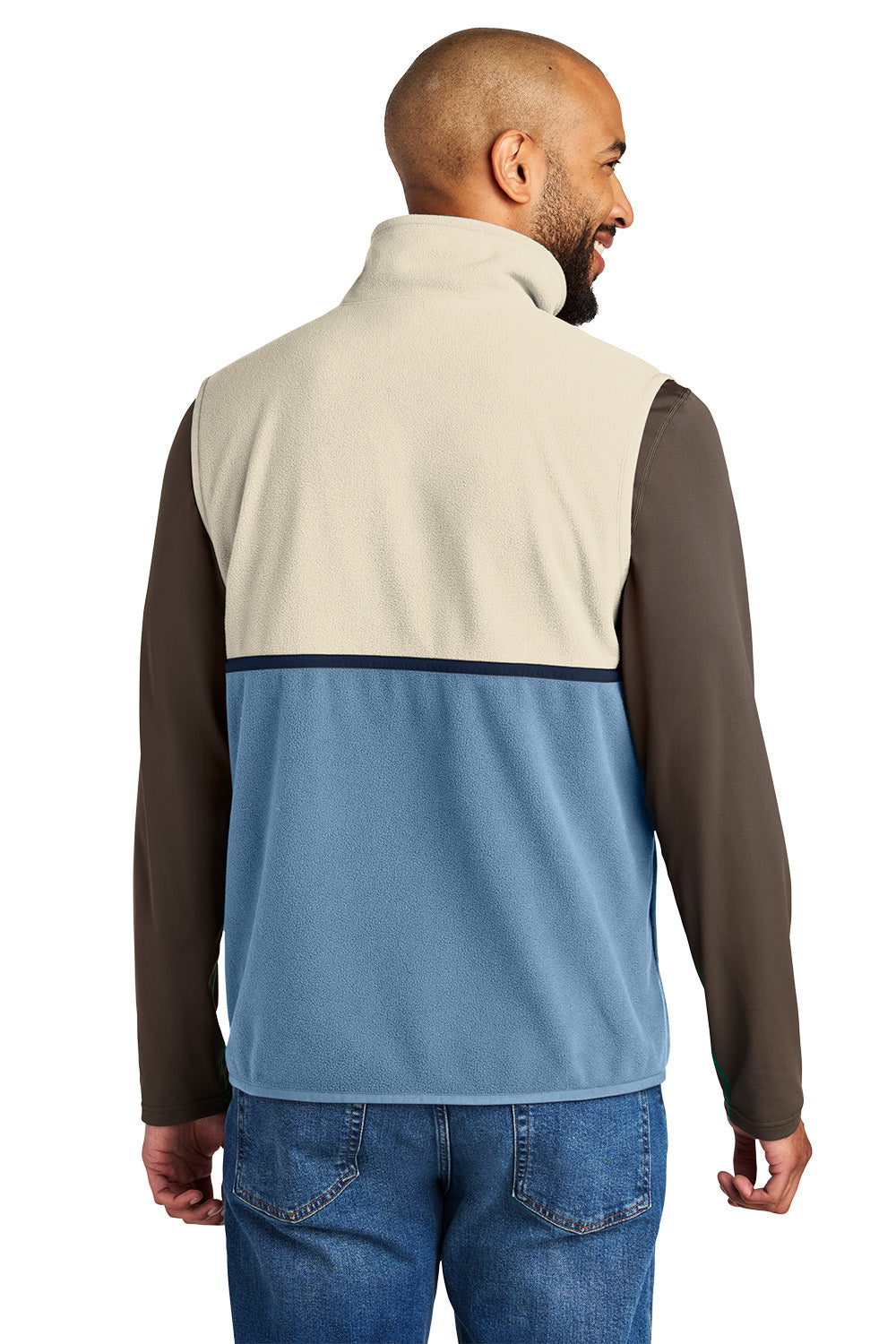 Man wearing a three-color fleece pullover with beige, blue, and brown sections on a white background. Embroidered Cotopaxi® Amado Fleece Vest