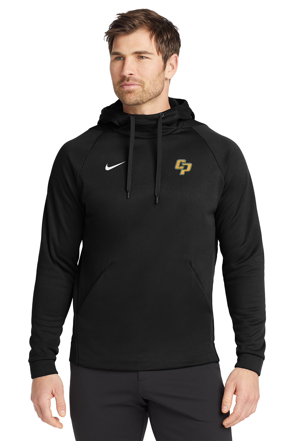 Man wearing a black Nike hoodie on a white background. Nike Therma-FIT Pocket Pullover Fleece Hoodie, Comstock Park Logo by Helmsman Stitch Co.