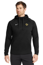 Man wearing a black Nike hoodie on a white background. Nike Therma-FIT Pocket Pullover Fleece Hoodie, Comstock Park Logo by Helmsman Stitch Co.