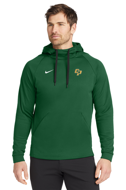 Man wearing a green hoodie with a Nike logo on a white background. Nike Therma-FIT Pocket Pullover Fleece Hoodie, Comstock Park Logo by Helmsman Stitch Co.