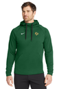 Man wearing a green hoodie with a Nike logo on a white background. Nike Therma-FIT Pocket Pullover Fleece Hoodie, Comstock Park Logo by Helmsman Stitch Co.
