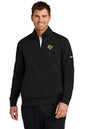 Man wearing a black Nike quarter-zip sweatshirt with a logo on a white background. Nike Club Fleece Sleeve Swoosh 1/2-Zip, Comstock Park