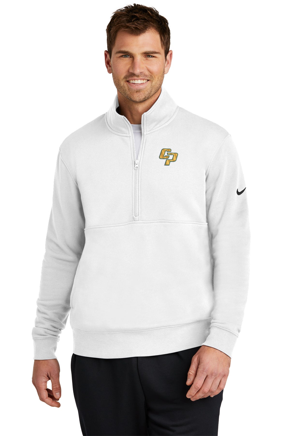 Man wearing a white Nike half-zip pullover with a logo on a white background. Nike Club Fleece Sleeve Swoosh 1/2-Zip, Comstock Park