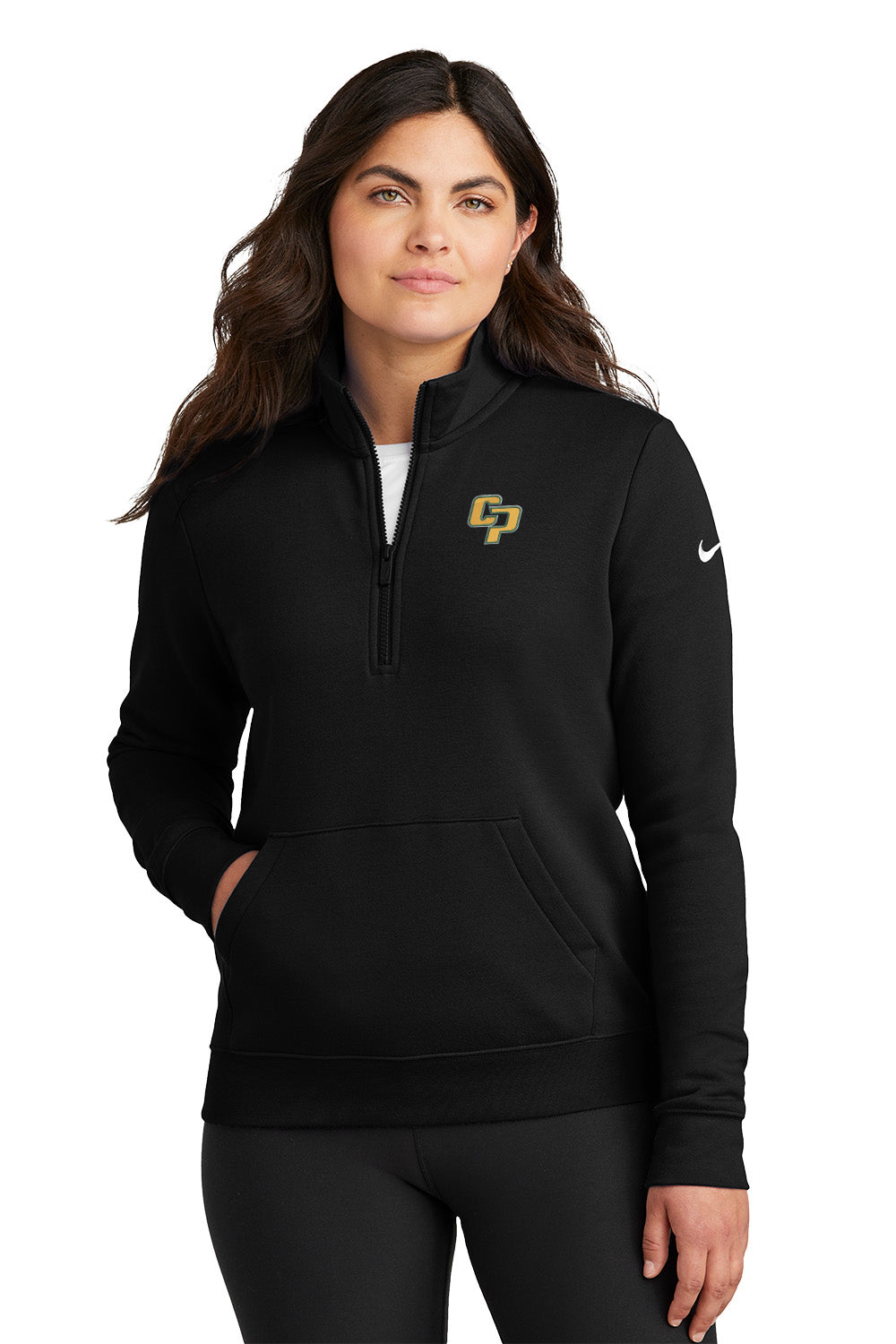 Woman wearing a black Nike quarter-zip sweatshirt on a white background. Nike Women's Club Fleece Sleeve Swoosh 1/2-Zip, Comstock Park by Helmsman Stitch Co