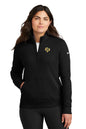 Woman wearing a black Nike quarter-zip sweatshirt on a white background. Nike Women's Club Fleece Sleeve Swoosh 1/2-Zip, Comstock Park by Helmsman Stitch Co