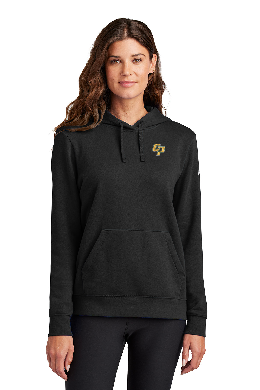 Woman wearing a black hoodie with a logo on a white background. Nike Women's Club Fleece Sleeve Swoosh Hoodie, embroidered Comstock Park logo by Helmsman Stitch Co.