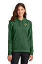 Woman wearing a green hoodie on a white background. Nike Women's Club Fleece Sleeve Swoosh Hoodie, embroidered Comstock Park logo by Helmsman Stitch Co.