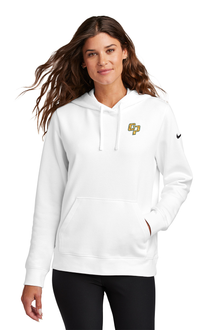 Woman wearing a white hoodie with a Nike logo on a white background. Nike Women's Club Fleece Sleeve Swoosh Hoodie, embroidered Comstock Park logo by Helmsman Stitch Co.