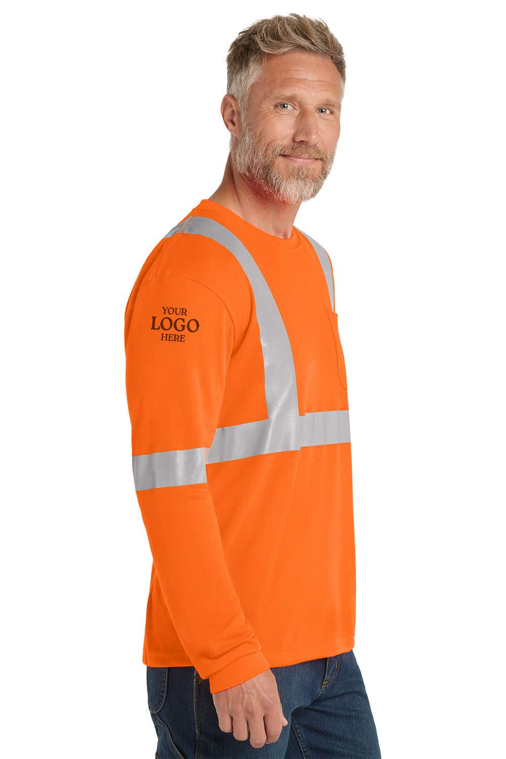 Man wearing an orange long-sleeve shirt with reflective stripes on a white background, embroidered
