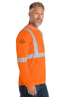 Man wearing an orange long-sleeve shirt with reflective stripes on a white background, embroidered