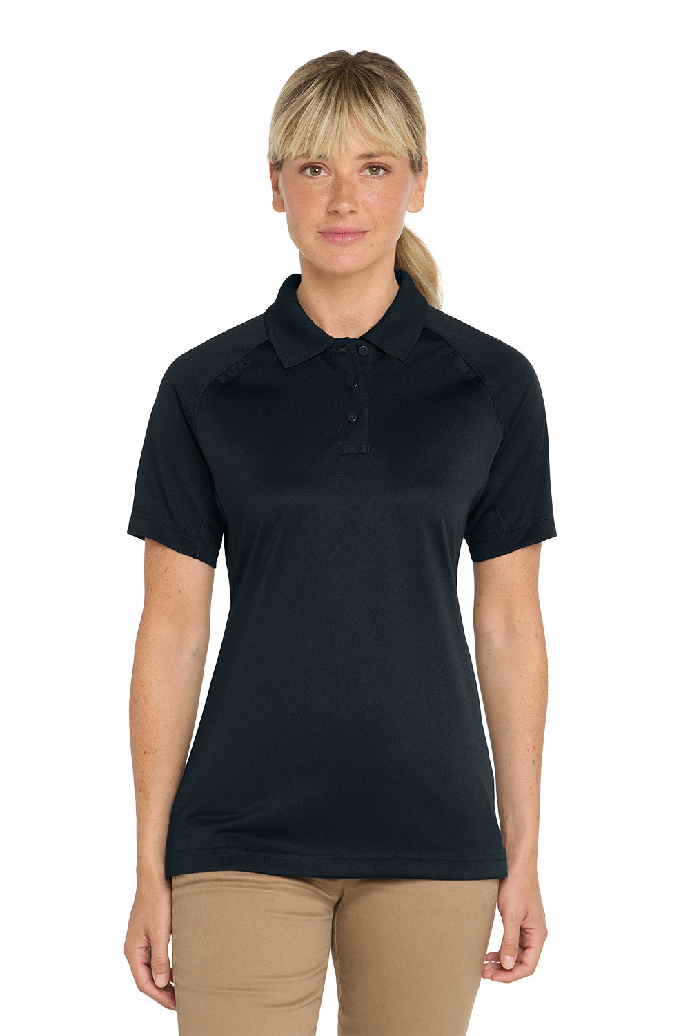 Woman wearing a black polo shirt on a white background, CornerStone® Women's Select Snag-Proof Tactical Polo