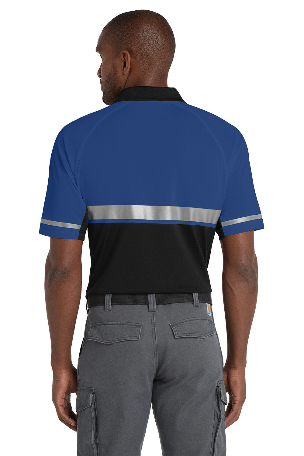 Person wearing a blue and black work shirt with reflective stripes on a white background CornerStone® Select Lightweight Snag-Proof Enhanced Visibility Polo, Embroidered