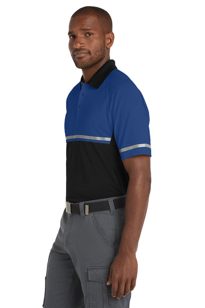 Man wearing a blue and black polo shirt with reflective stripes on a white background CornerStone® Select Lightweight Snag-Proof Enhanced Visibility Polo, Embroidered
