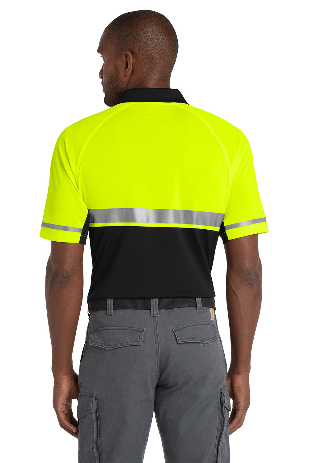 Person wearing a high-visibility safety shirt with reflective stripes on a white background CornerStone® Select Lightweight Snag-Proof Enhanced Visibility Polo, Embroidered