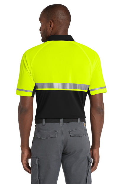 Person wearing a high-visibility safety shirt with reflective stripes on a white background CornerStone® Select Lightweight Snag-Proof Enhanced Visibility Polo, Embroidered