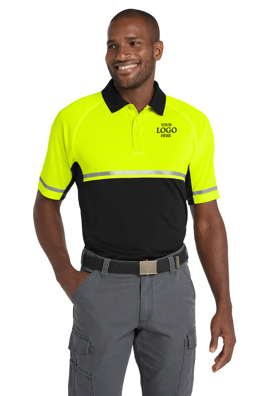 Man wearing a high-visibility work shirt with a logo placeholder on a white background CornerStone® Select Lightweight Snag-Proof Enhanced Visibility Polo, Embroidered
