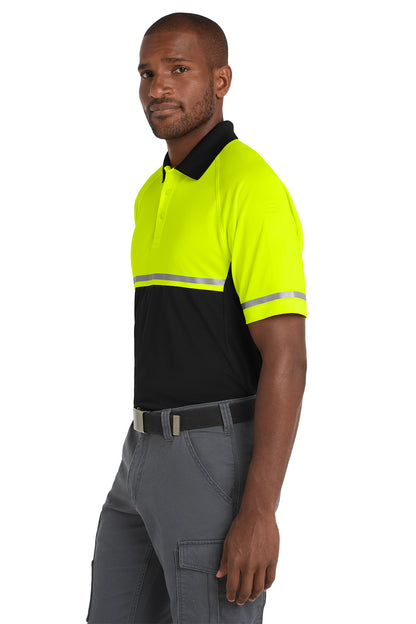 Man wearing a high-visibility safety shirt with reflective stripes on a white background CornerStone® Select Lightweight Snag-Proof Enhanced Visibility Polo, Embroidered