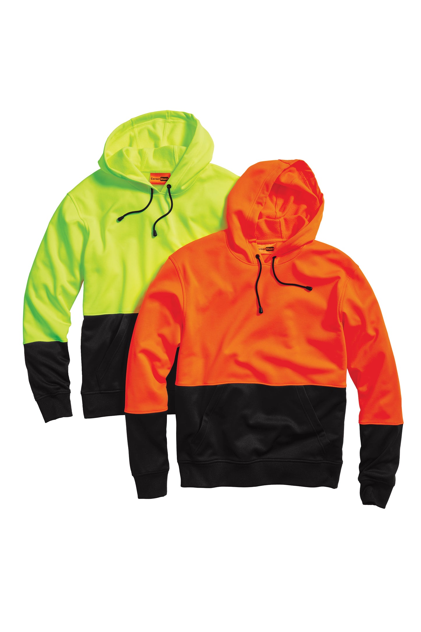 Two hoodies, one green and one orange with black accents, on a white background. CornerStone® Enhanced Visibility Fleece Pullover Hoodie, Embroidered
