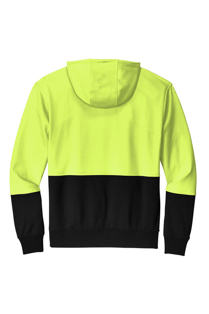 Back view of a high-visibility yellow and black hoodie on a white background CornerStone® Enhanced Visibility Fleece Pullover Hoodie, Embroidered