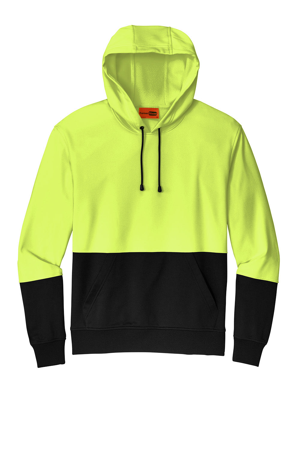 Neon yellow and black hoodie on a white background CornerStone® Enhanced Visibility Fleece Pullover Hoodie, Embroidered